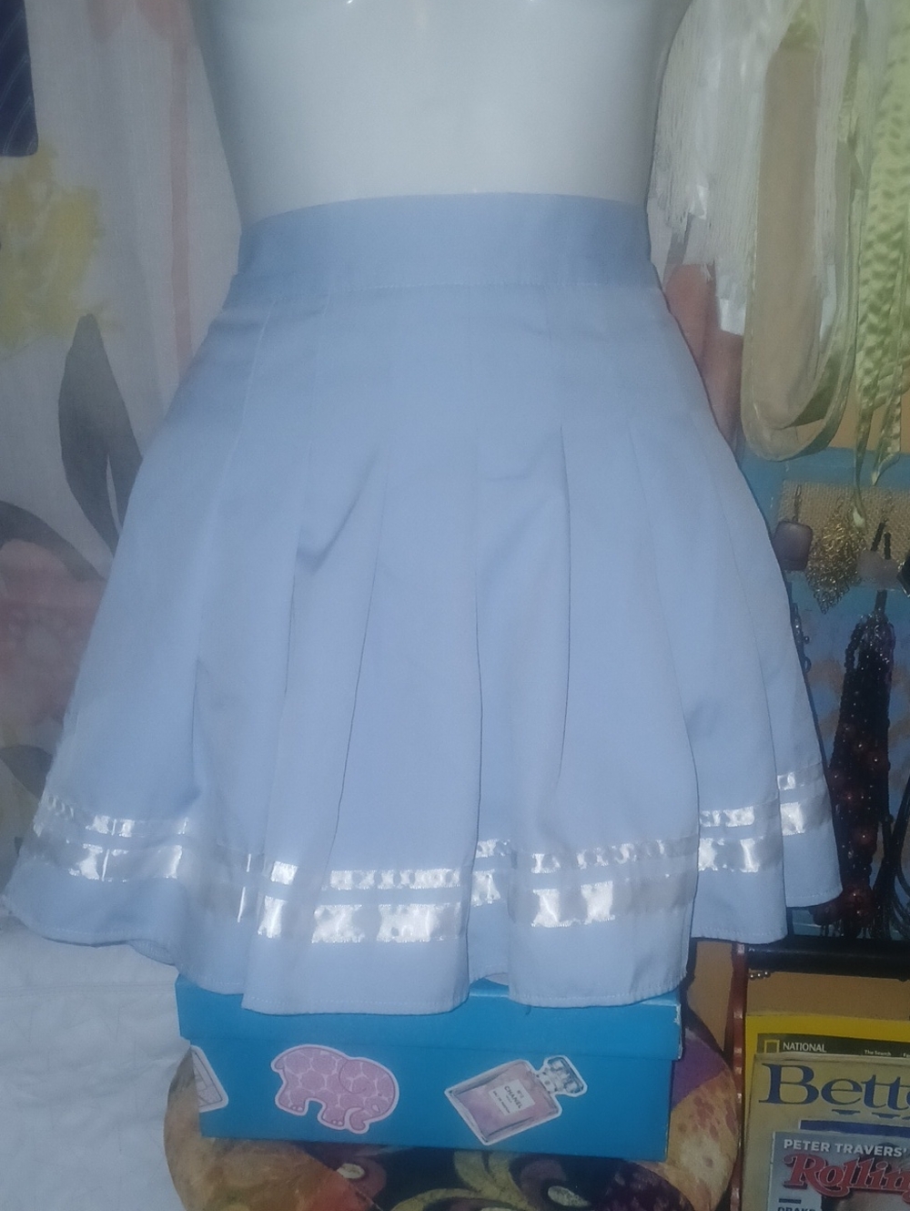ROMWE Light Blue Pleated Skater Skirt with White Satin Strips Large
